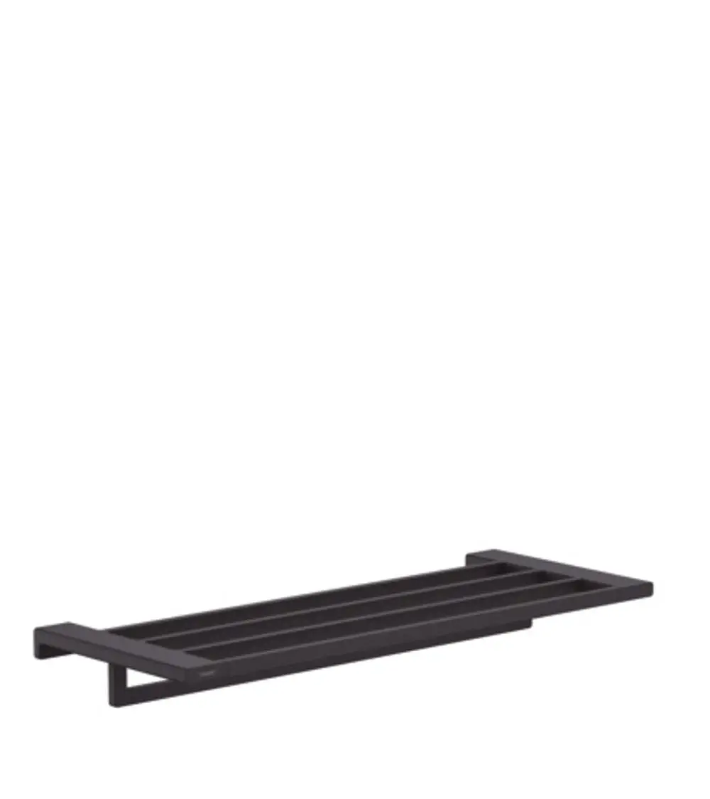 Schwarze Handtuchablage mit Halter von Hansgrohe, bestehend aus mehreren horizontalen Streifen und gestütztem Design, geeignet für Wandmontage.